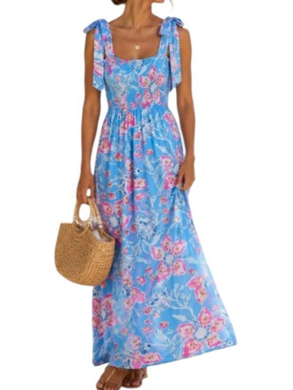 Lilly Pulitzer Kailua Smocked Maxi Dress Blue Pink Floral Tie Shoulder Size S